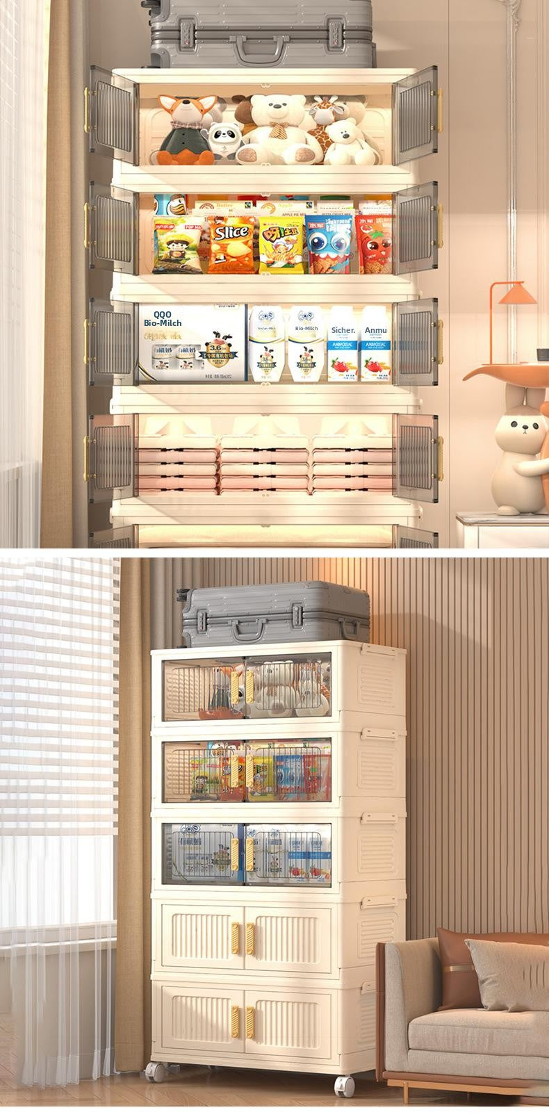 Folding plastic storage cabinet, no installation needed — movable for home, living room, or kids’ wardrobe use